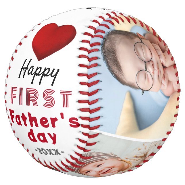 First Father's Day Red Heart 4 Photo Collage Softball (Angled)
