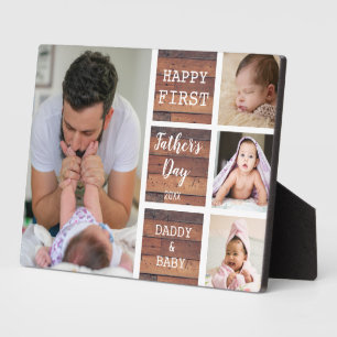 First Father's Day Rustic Wood 4 Photo Collage  Plaque