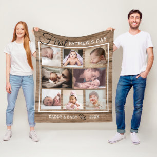 First Father's Day Rustic Wood 8 Photo Collage Fleece Blanket