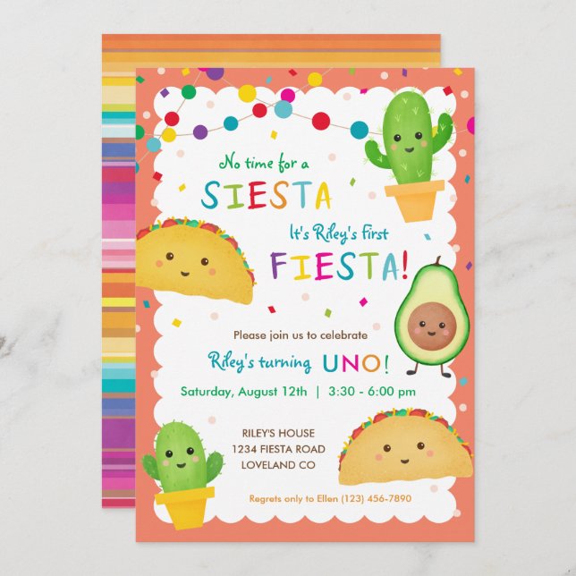 First fiesta birthday party invitation with taco (Front/Back)