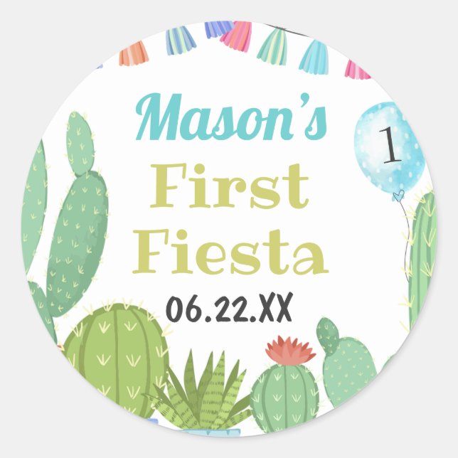 First Fiesta Boy Taco Bout A Party Cactus Birthday Classic Round Sticker (Front)