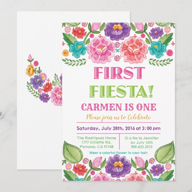 First Fiesta Floral Birthday Invitation (Front/Back)