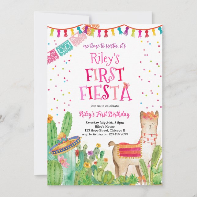 First Fiesta Llama Catus Girl Birthday Invitation (Front)