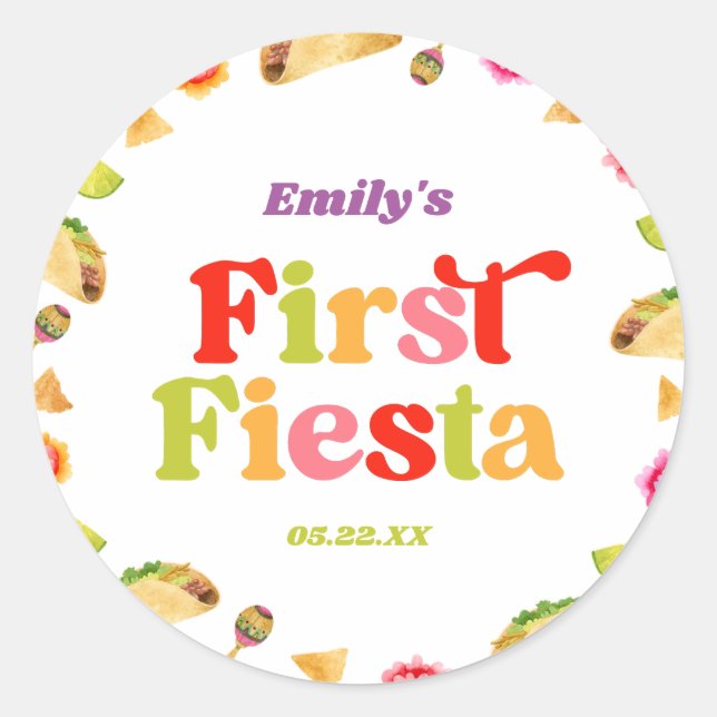 First Fiesta Taco 1st Birthday Party Classic Round Sticker (Front)