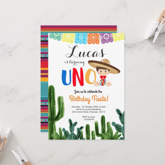 First Fiesta UNO Cactus Birthday Invitation (Front/Back In Situ)