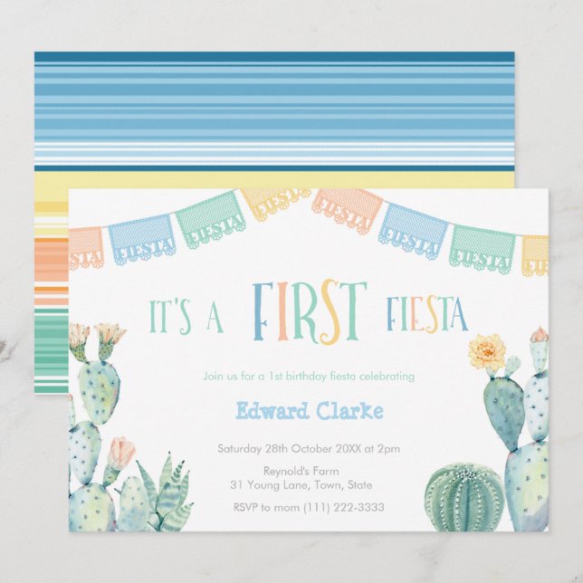 First Fiesta Yellow Blue Cactus 1st Birthday Party Invitation (Front/Back)