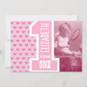 First Girl Baby Birthday Add Photo Pink Hearts Invitation