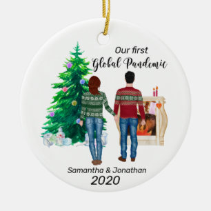 First Global Pandemic 2020  Couple Black Red Hair Ceramic Tree Decoration