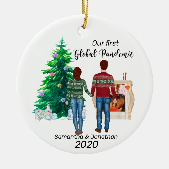 First Global Pandemic 2020  Couple Brown Hair Ceramic Tree Decoration (Front)