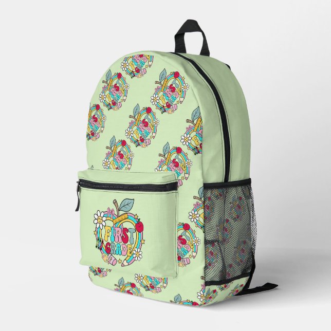 First Grade and Light Green Printed Backpack (Back Corner Right)