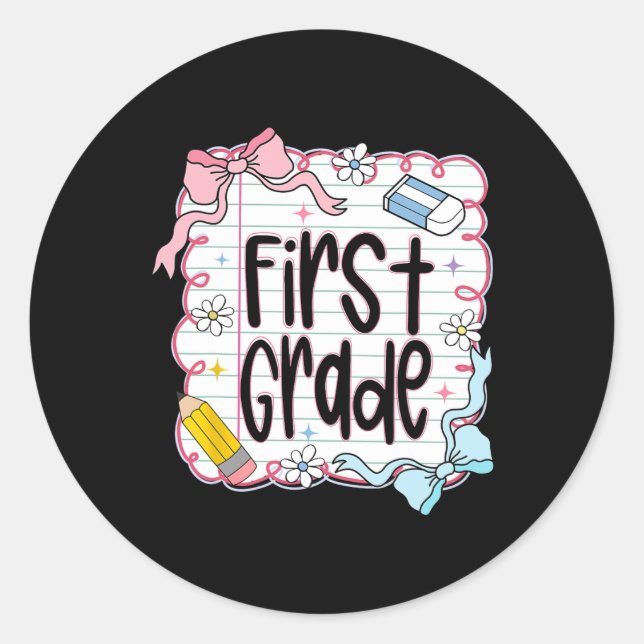 First Grade Back To School Coquette Bow For Girls  Classic Round Sticker (Front)