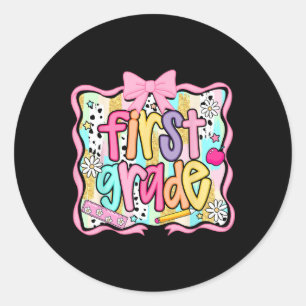 First Grade Back To School Coquette Pink Bow Prepp Classic Round Sticker