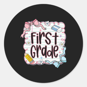 First Grade Back To School For Girls Pink Notebook Classic Round Sticker