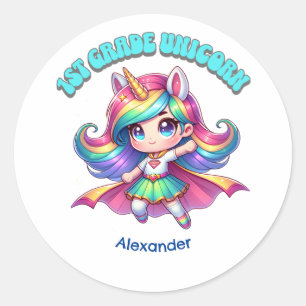 First grade back to school unicorn grade one team classic round sticker