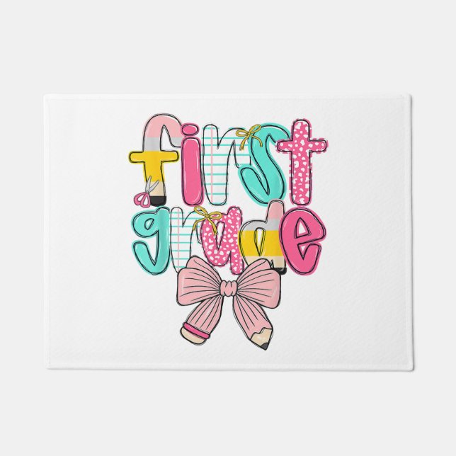 First Grade Coquette Bow Back To School First Day  Doormat (Front)