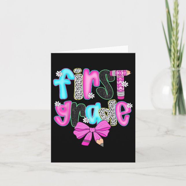 First Grade Coquette Bow First Day Of School Back  Card (Front)