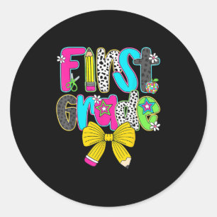 First Grade Coquette Bow First Day Of School Back Classic Round Sticker