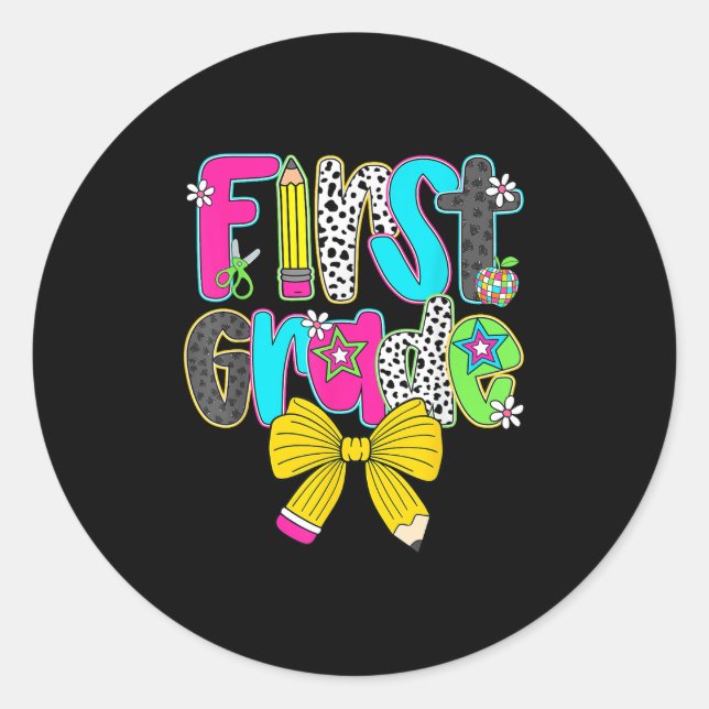 First Grade Coquette Bow First Day Of School Back  Classic Round Sticker (Front)