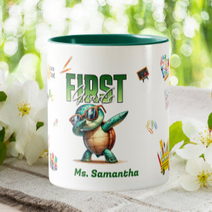 First Grade Elementary Teacher Dabbing Turtle Two-Tone Coffee Mug