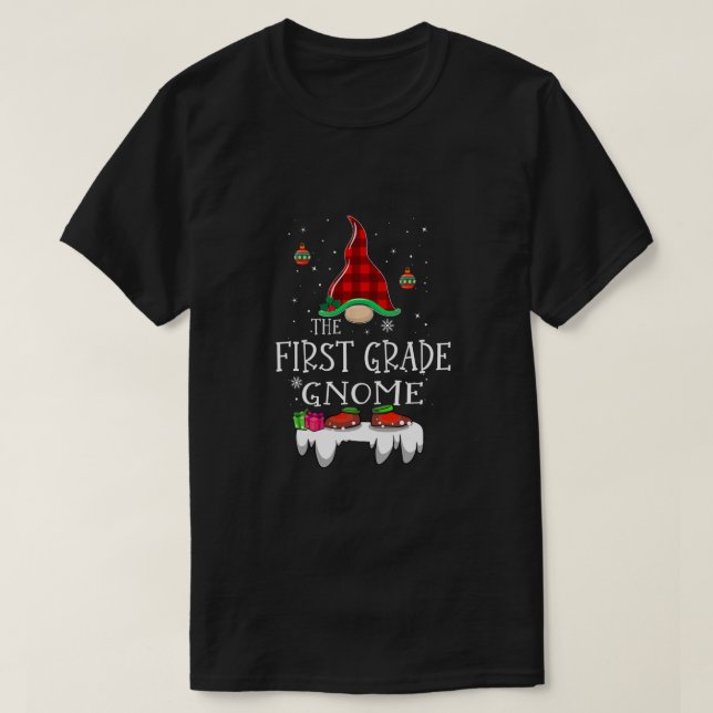 First Grade Gnome Buffalo Plaid Matching Family Xm T-Shirt (Design Front)