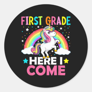 First Grade Here I Come Unicorn Byck To School 1st Classic Round Sticker