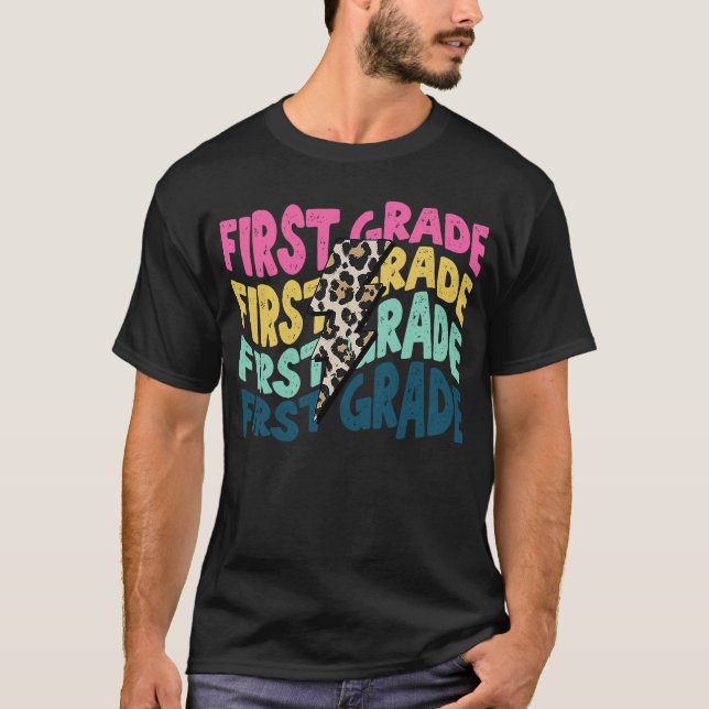First Grade Leopard Lightning Bolt Teacher Back To T-Shirt (Front)