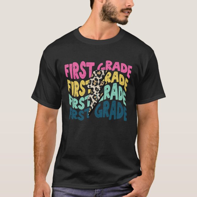 First Grade Leopard Lightning Bolt Teacher Back To T-Shirt (Front)