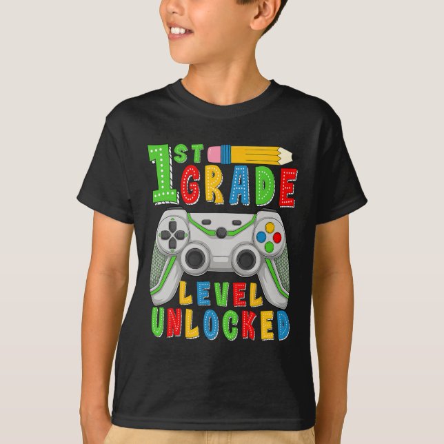 First Grade Level Unlocked Ck To School Gamer Boys T-Shirt (Front)