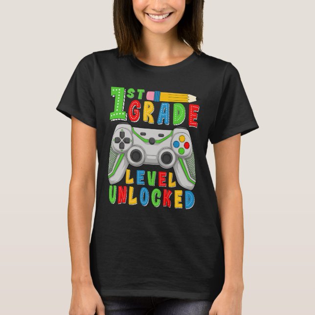 First Grade Level Unlocked Ck To School Gamer Boys T-Shirt (Front)