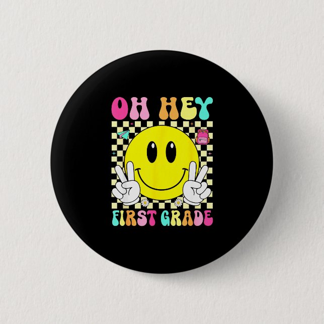 First grade retro smile face back to school first 6 cm round badge (Front)