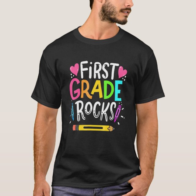 First Grade Rocks Teacher T-Shirt (Front)