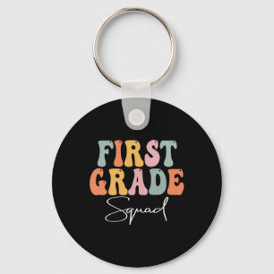 First Grade Squad Retro Groovy Vintage First Day O Key Ring