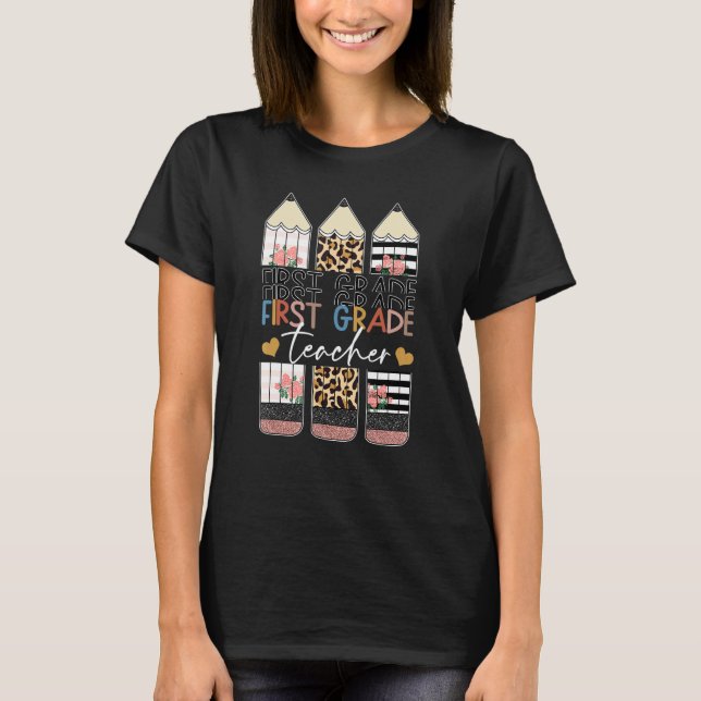 First Grade Teacher 1st Back To School Leopard Flo T-Shirt (Front)