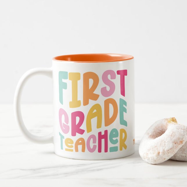 First Grade Teacher Colourful Text Two-Tone Coffee Mug (With Donut)