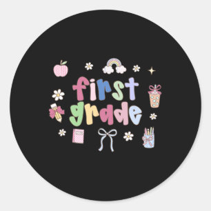 First Grade Teacher Doodle Coquette Bow Apple Back Classic Round Sticker