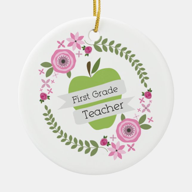 First Grade Teacher Green Apple Floral Wreath Ceramic Tree Decoration (Front)