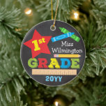 First Grade Teacher Keepsake Chalkboard Colourful Ceramic Tree Decoration<br><div class="desc">This first (1st) grade ornament features a star, a ruler, a pencil, crayons and bold, colourful fun typography! Click the customise button for more options for modifying the text! Variations of this design, additional colours, as well as coordinating products are available in our shop, zazzle.com/store/doodlelulu. Contact us if you need...</div>