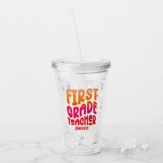 First Grade Teacher Orange Red Ombre Acrylic Tumbler