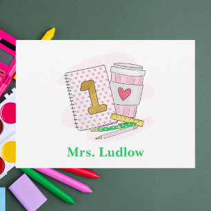 First Grade Teacher Pink Polka Dots Gold 1 Custom Card
