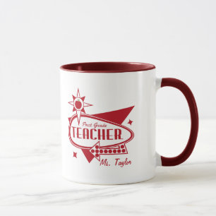 First Grade Teacher - Retro Red 60's Inspired Sign Mug