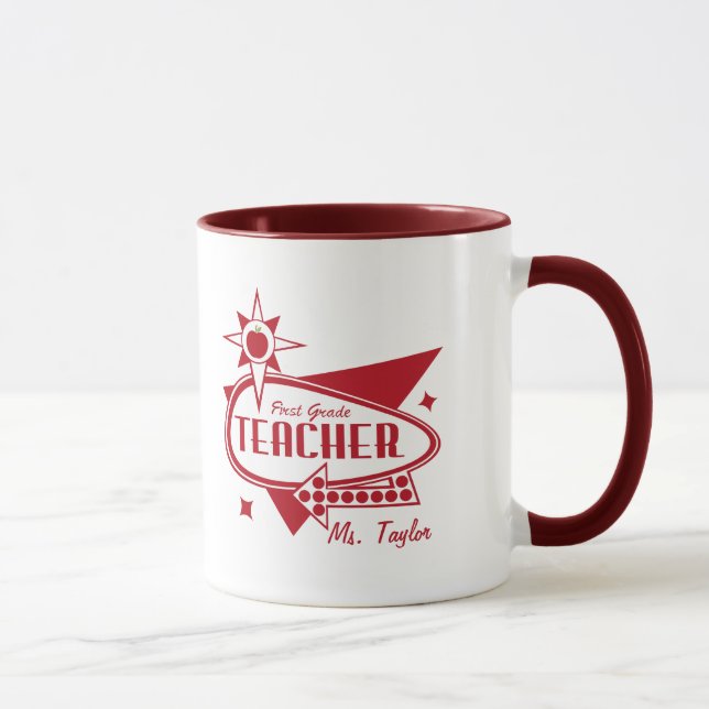 First Grade Teacher - Retro Red 60's Inspired Sign Mug (Right)