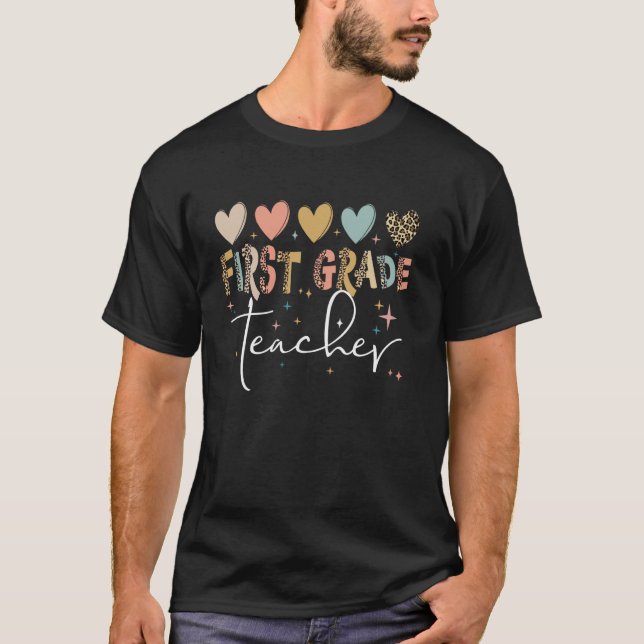 First Grade Teacher Shirt Cute Heart Leopard Back  (Front)