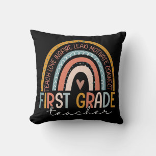 First Grade Teacher Teach Love Inspire Boho Rainbo Cushion