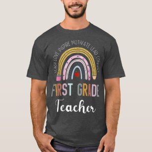 First Grade Teacher Teach Love Inspire Boho Rainbo T-Shirt