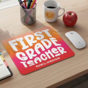 First Grade Teacher Text Design Orange Red Ombre Mouse Mat