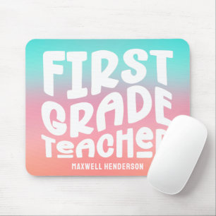 First Grade Teacher Typography Pink Aqua Ombre Mouse Mat