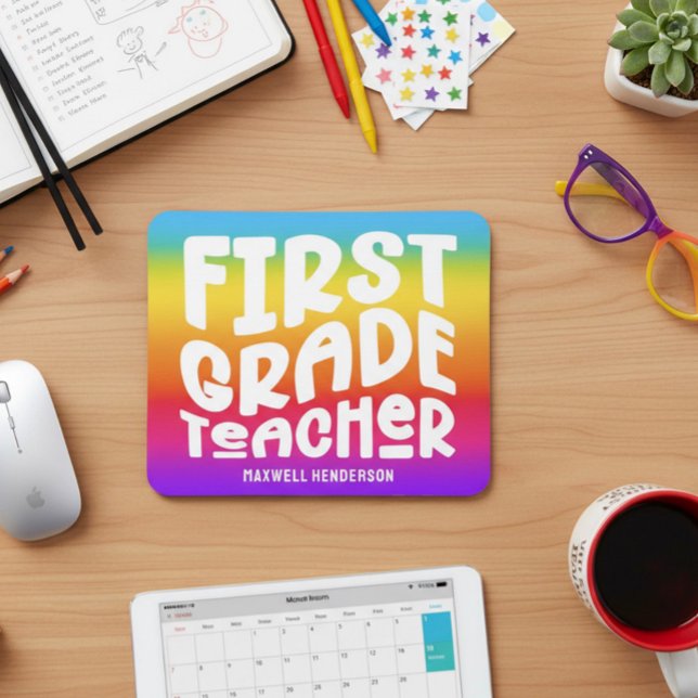 First Grade Teacher Typography Rainbow Ombre Mouse Mat (Creator Uploaded)