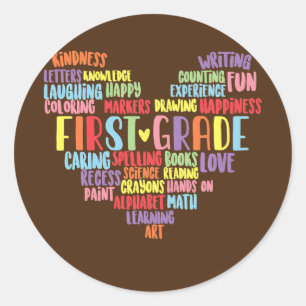 First Grade Teacher Words Heart  Classic Round Sticker