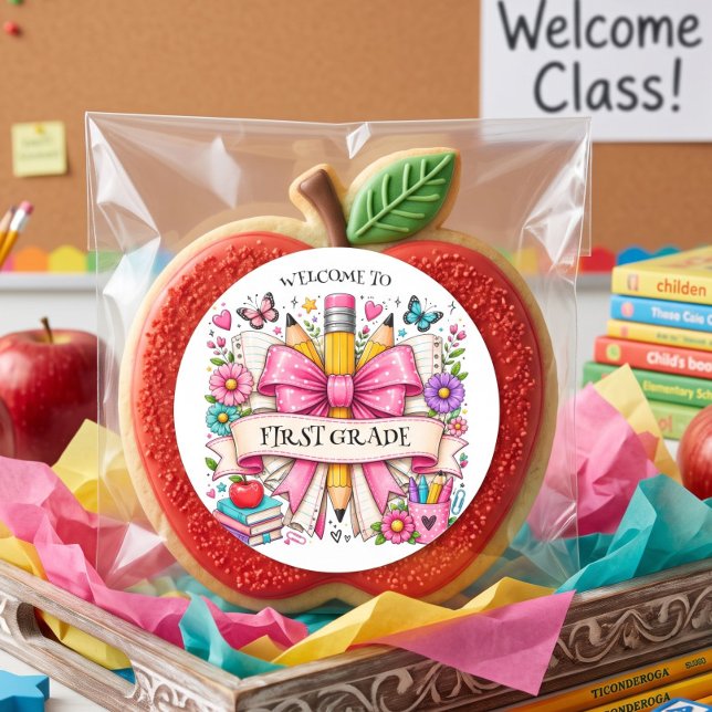 First Grade Welcome Retro Pencil Classic Round Sticker (Creator Uploaded)