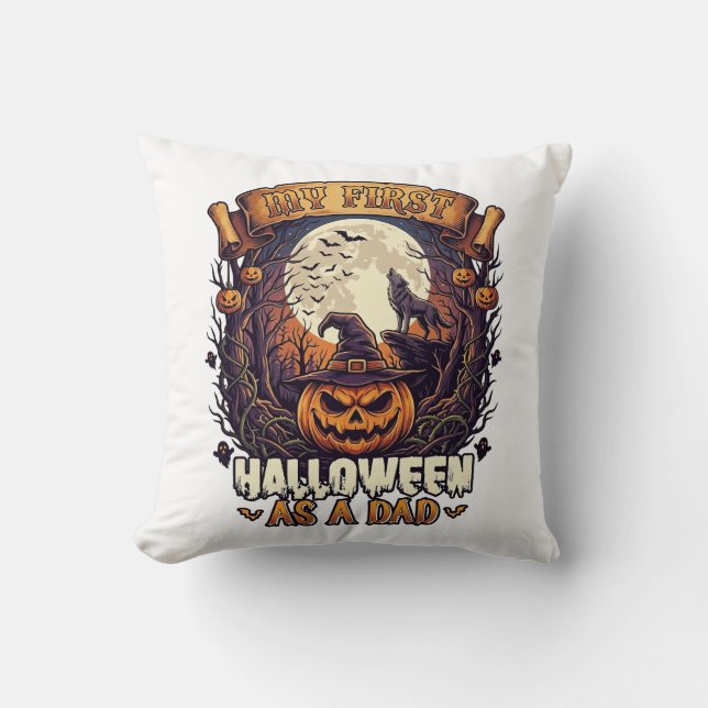 First Halloween As Dad Pumpkin Wolf Moon_1 Cushion (Front)